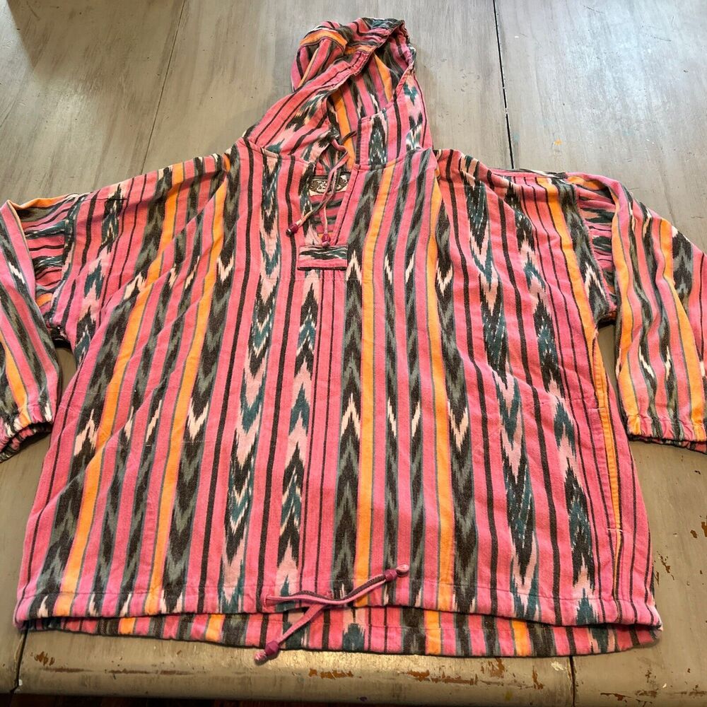 Vtg Angelique Pink Orange Green Southwest Print Hoodie Pullover Boho Free Size